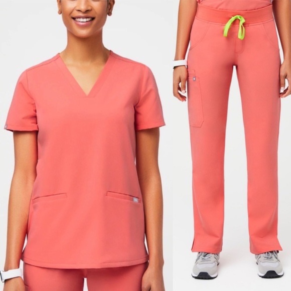 Figs Coral Pink Scrub Top & Pant Set with Lime Drawstring